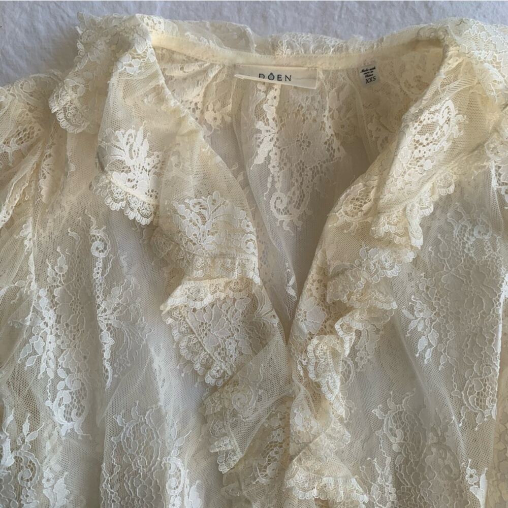 Doen Henri Lace Ruffle Sheer Puff Shoulder Blouse Top Sea Salt Cream Ivory - Picture 11 of 14